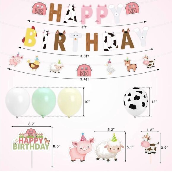 Farm Animals Birthday Party Barnyard Decor Banner Cake Topper Balloon Hat Pastel - Picture 3 of 6